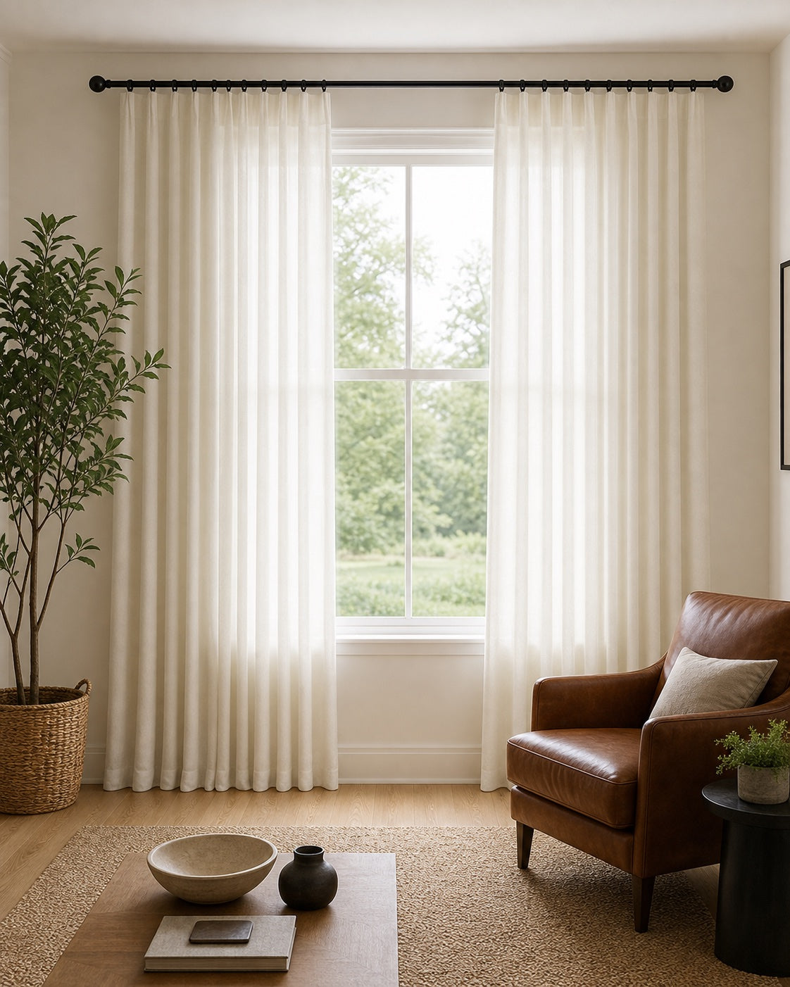 Modern living room with off-white light-filtering curtains
