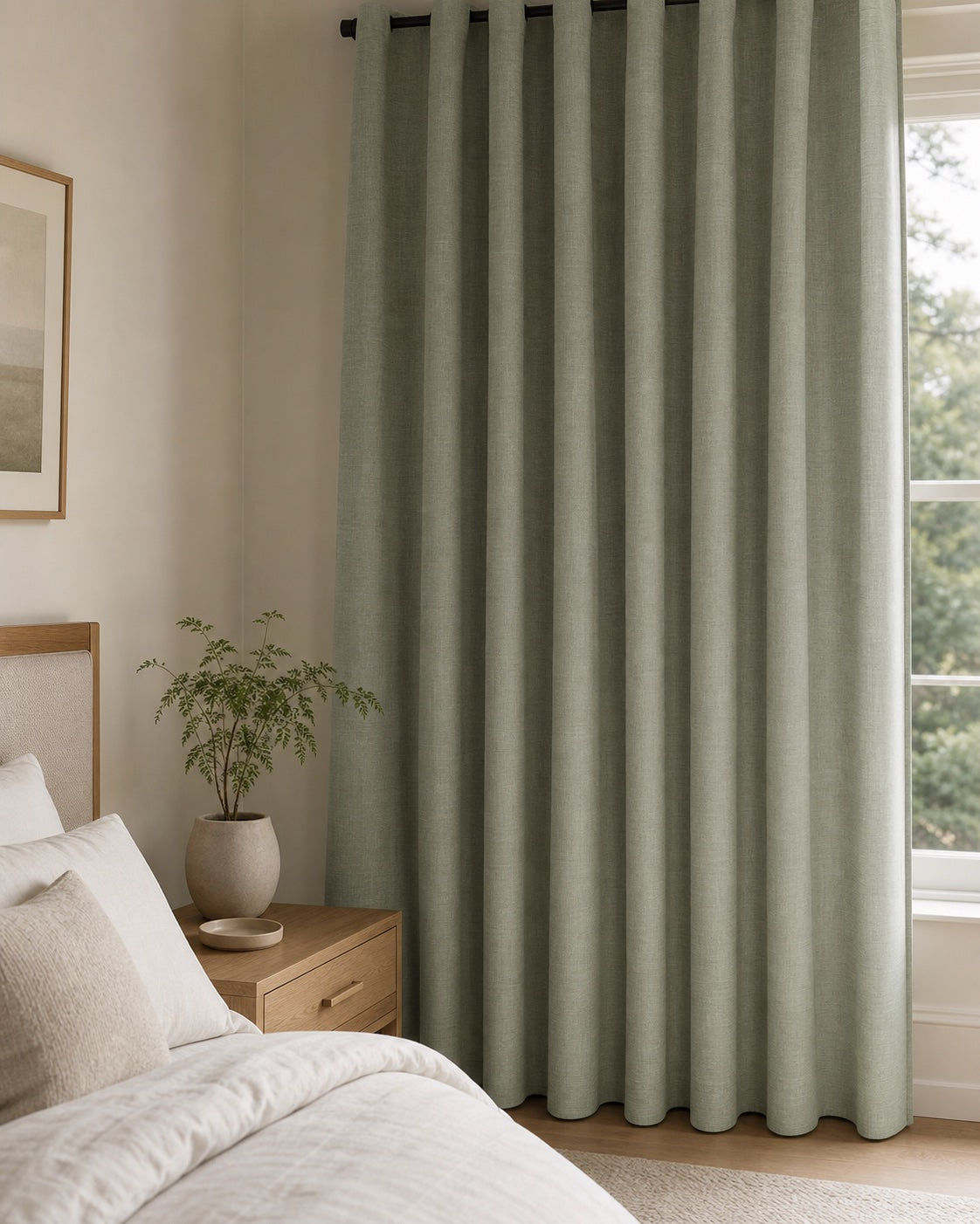 Sage green linen curtains in a calm bedroom